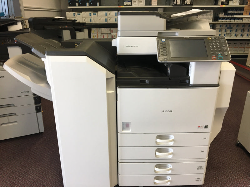 Absolute Toner Pre Owned Ricoh MP 5002 Black & White Copier Printer Color Scan Fax 11x17 Stapler REPOSSESSED Office Copiers In Warehouse